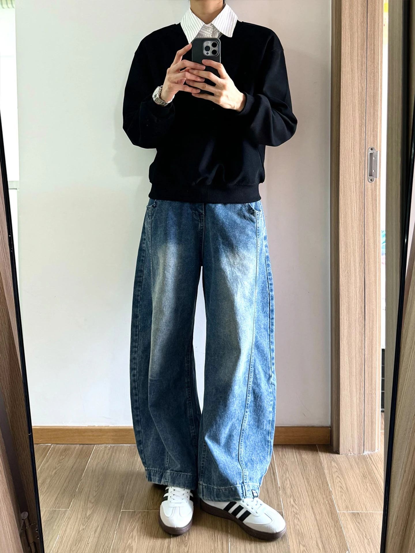 

Retro Washed Blue Denim Jeans Men's Cleanfit American High Street Straight Leg Wide Leg Men's Pants Knife Cut