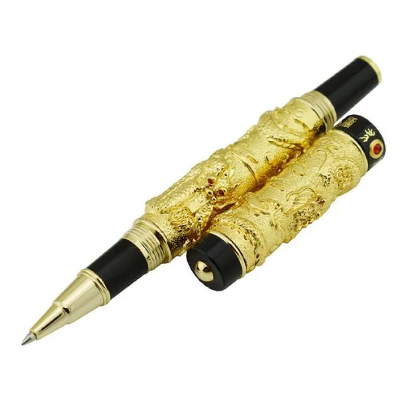 

A+ Jinhao Винтажная 3D-тисненая золотая ручка-роллер с двойным драконом, играющим жемчугом