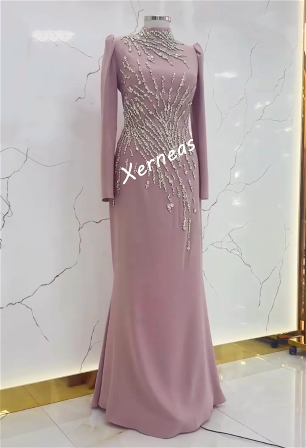Personalizado de alta qualidade festa à noite strass brilho sob medida ocasião clássico elegante gola alta trompete vestidos longos