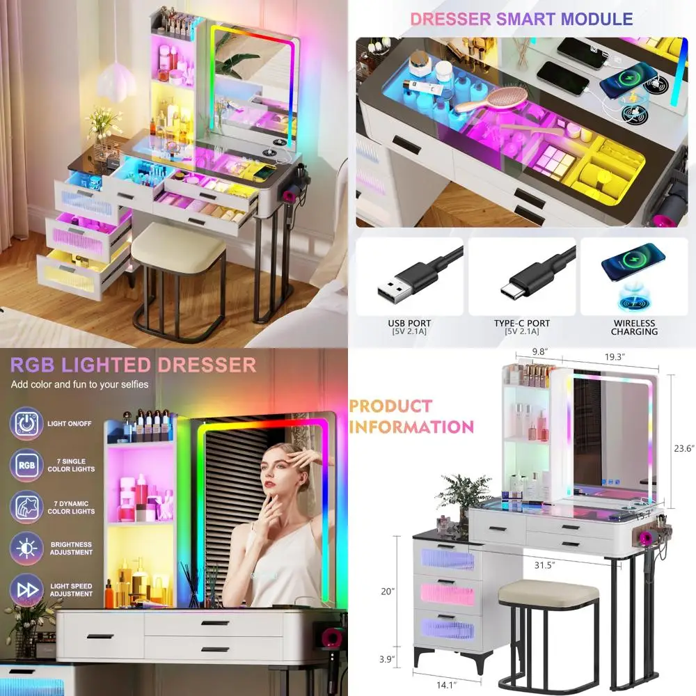 

Illuminated Vanity Table with HD Glass, Makeup Desk featuring LED Mirror and Charging Station, Dressing Table with RGB Lighting