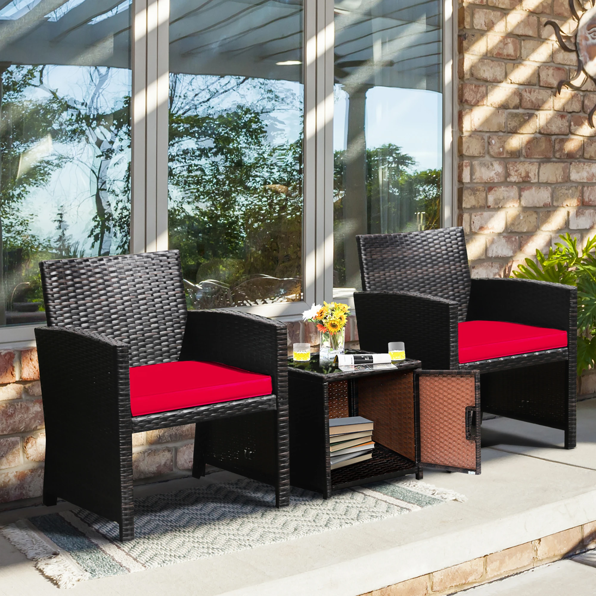 3PCS Patio Wicker Furniture Set Storage Table W/Protect Cover Red