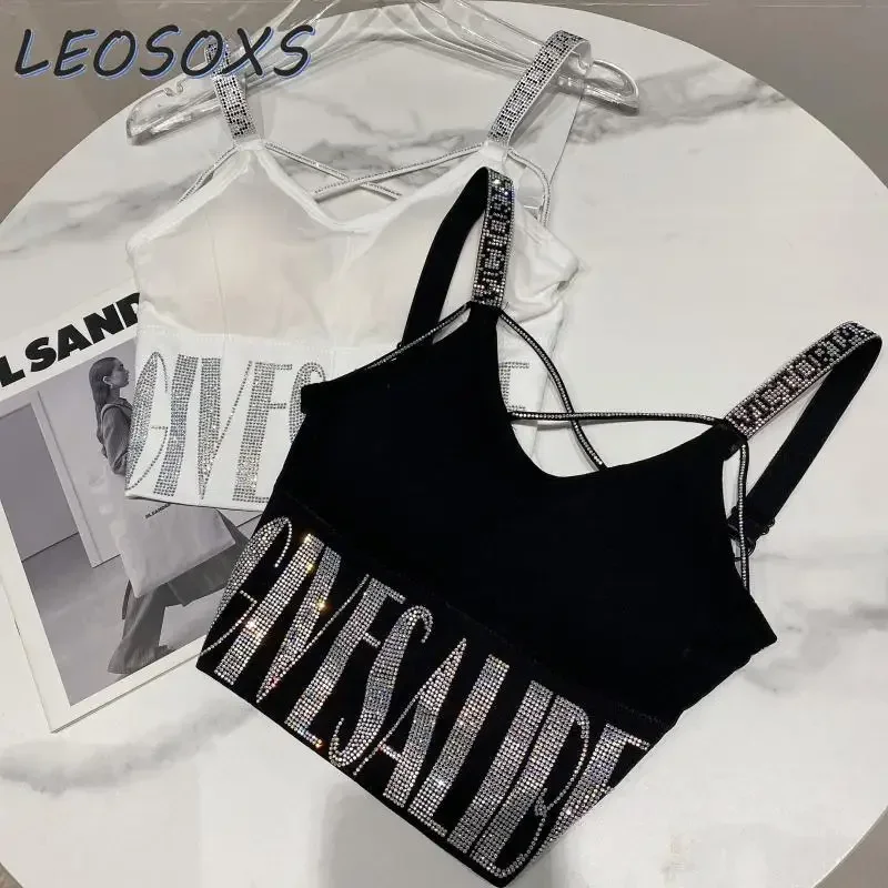 LEOSOXS 2024 Summer New Hot Diamond Letter Shoulder Strap Beautiful Back Slim Sling Chest Pad Top Woman  Tank Top Women