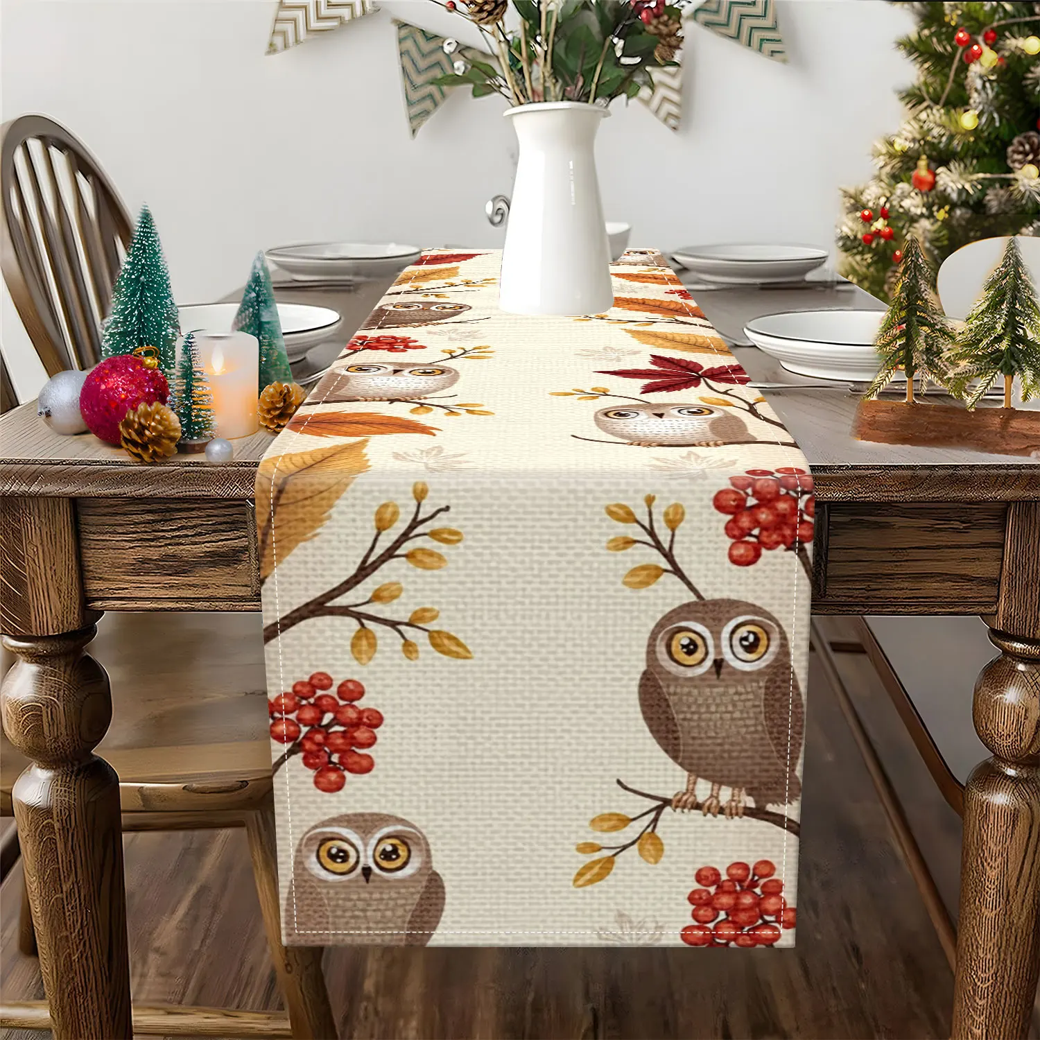 1 Piece of Autumn Owl-Themed Table Runner, Decorated with Owls, Autumn Leaves, and Red Berries, Suitable for Autumn and Natural-Style Decoration