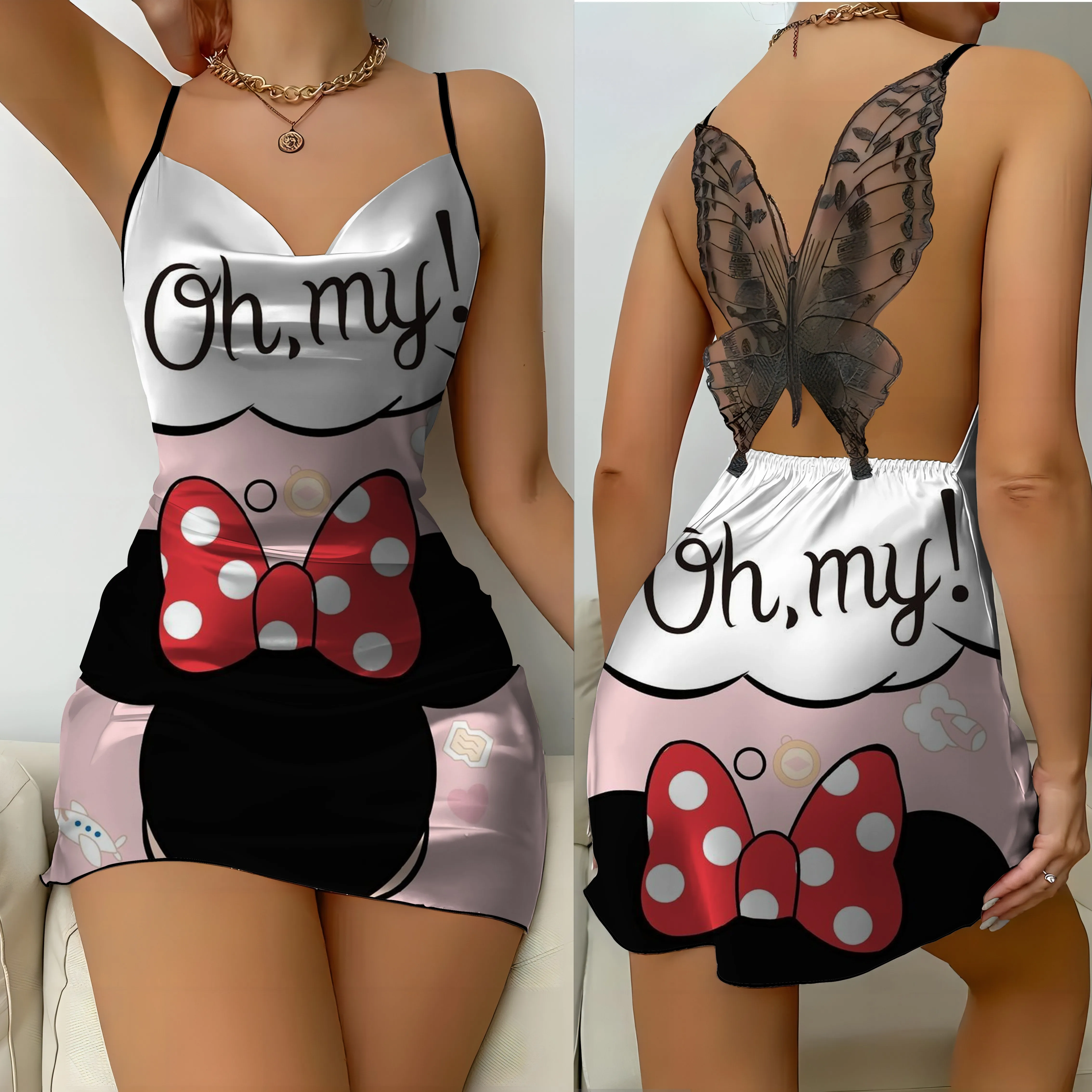 Abito senza schienale fiocco nodo Disney pigiama gonna moda abiti estivi 2024 superficie satinata Minnie Mouse Mickey Womens Party Mini Sexy