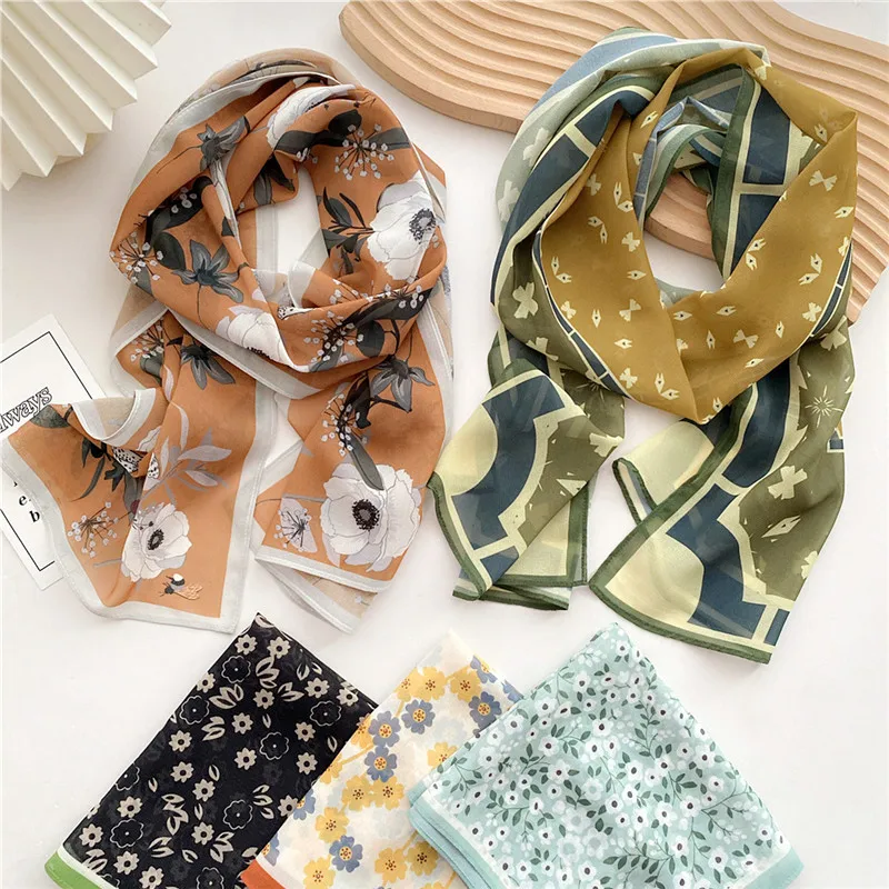 Print Flower Leaf Gauze Scarves Fashion Bandana Camping Shade from the Sun Long Scarf Shawl Wraps Headband Neckerchief for Women