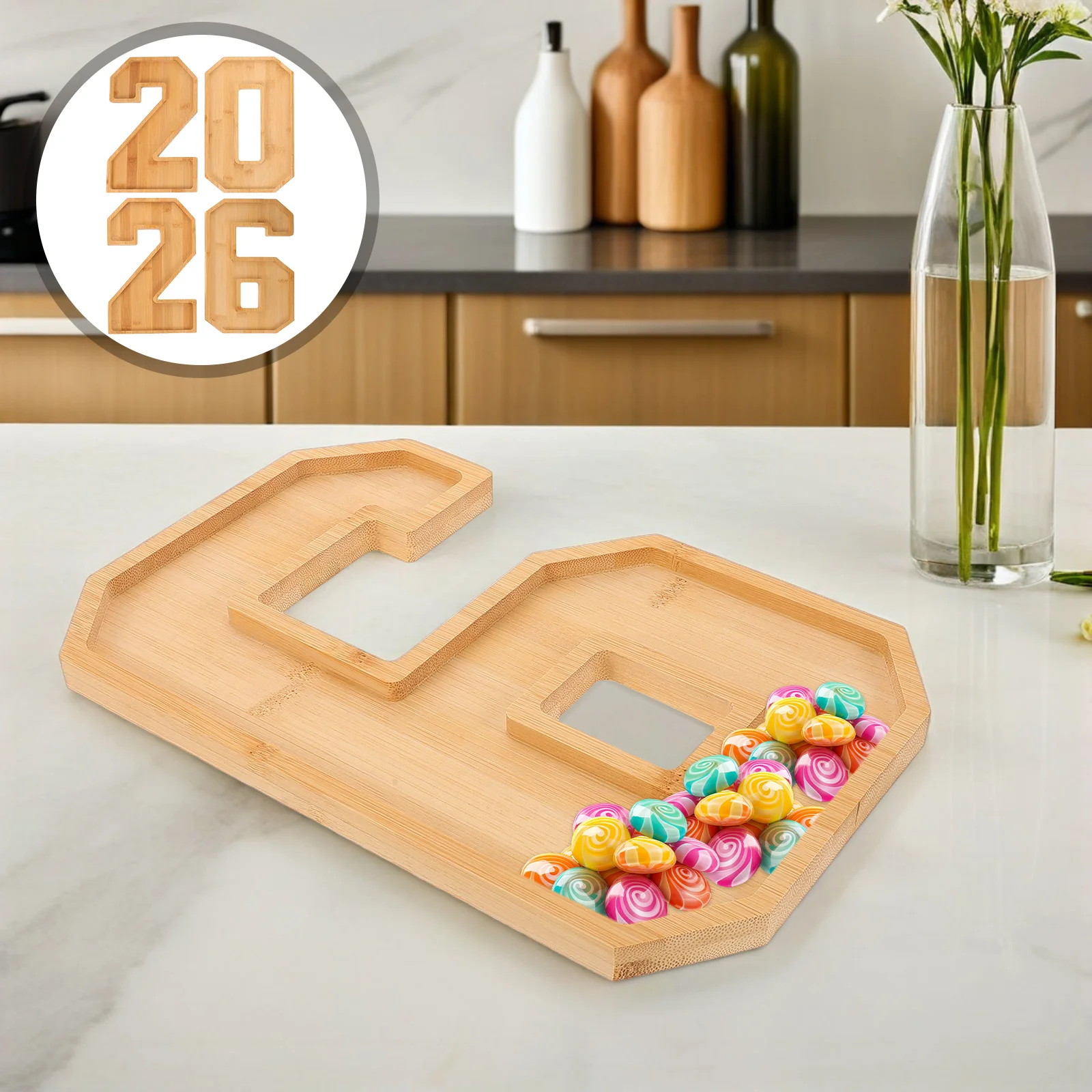 

1 Set Wooden 2026 Number Shaped Serving Tray For Charcuterie Fruit Cheese Appetizers Dry Nuts Candy Party Platter Compartment