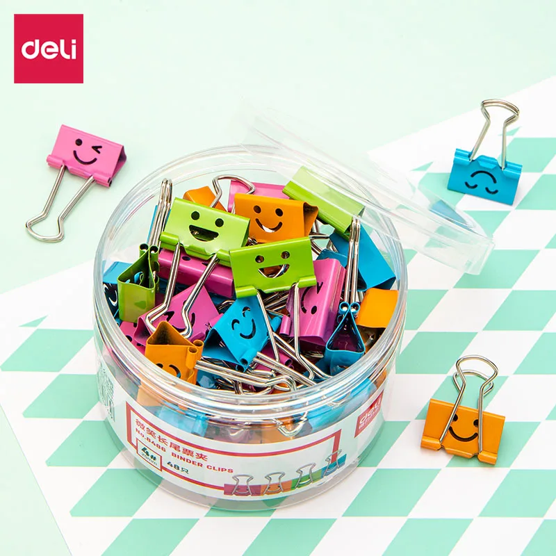 24PCS 48PCS/BOX Deli 8486 8487 Cartoon Smile Face Stainless Binder Clips Paper Clips 19mm 25mm Full Box