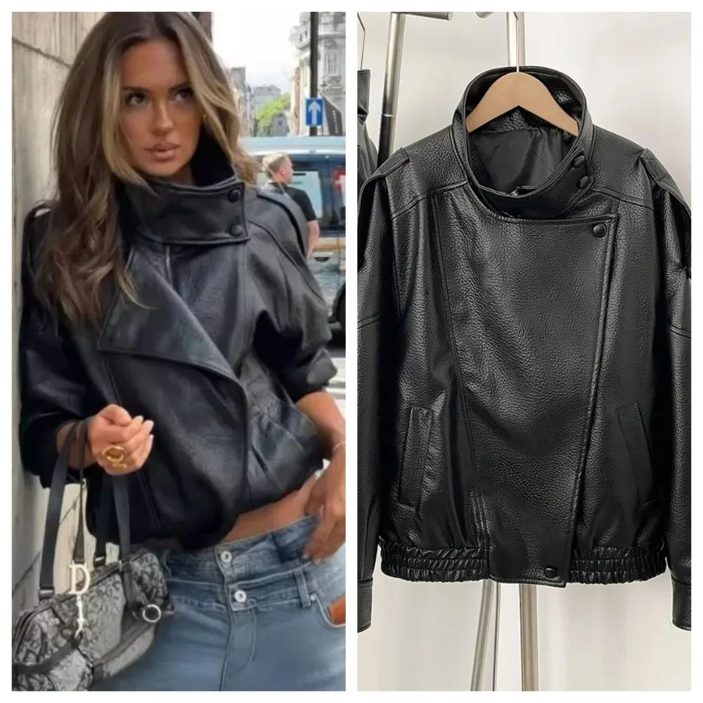 

Fake Leather Coat PU Jacket Personality Women Jacket Fall New Short Fur Coat Faux Leather Jacket Fashion Pebble Motorcycle Style