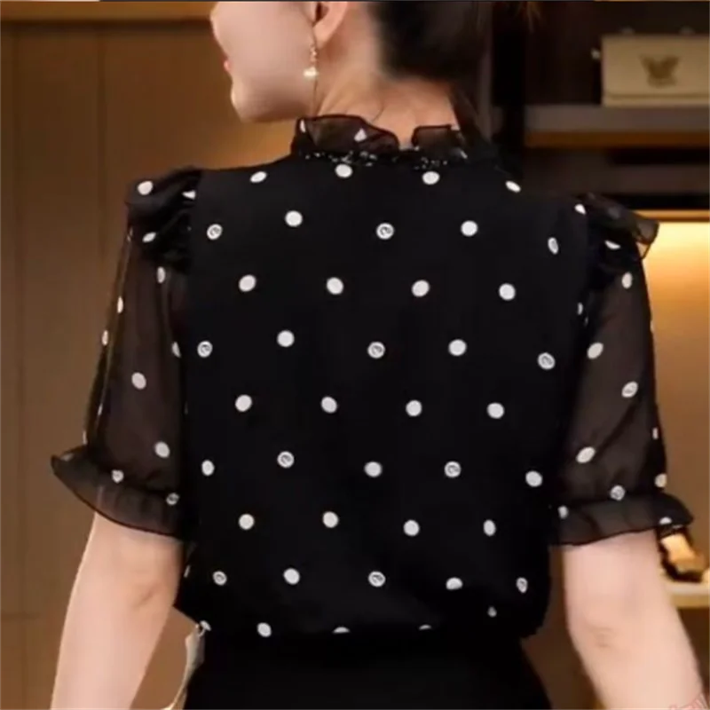 Fashionable Blouses Women Pullover Thin Shirt Short-sleeved Blouse Polka Dot Ruffled Splicing Blous Casual Female Shirt