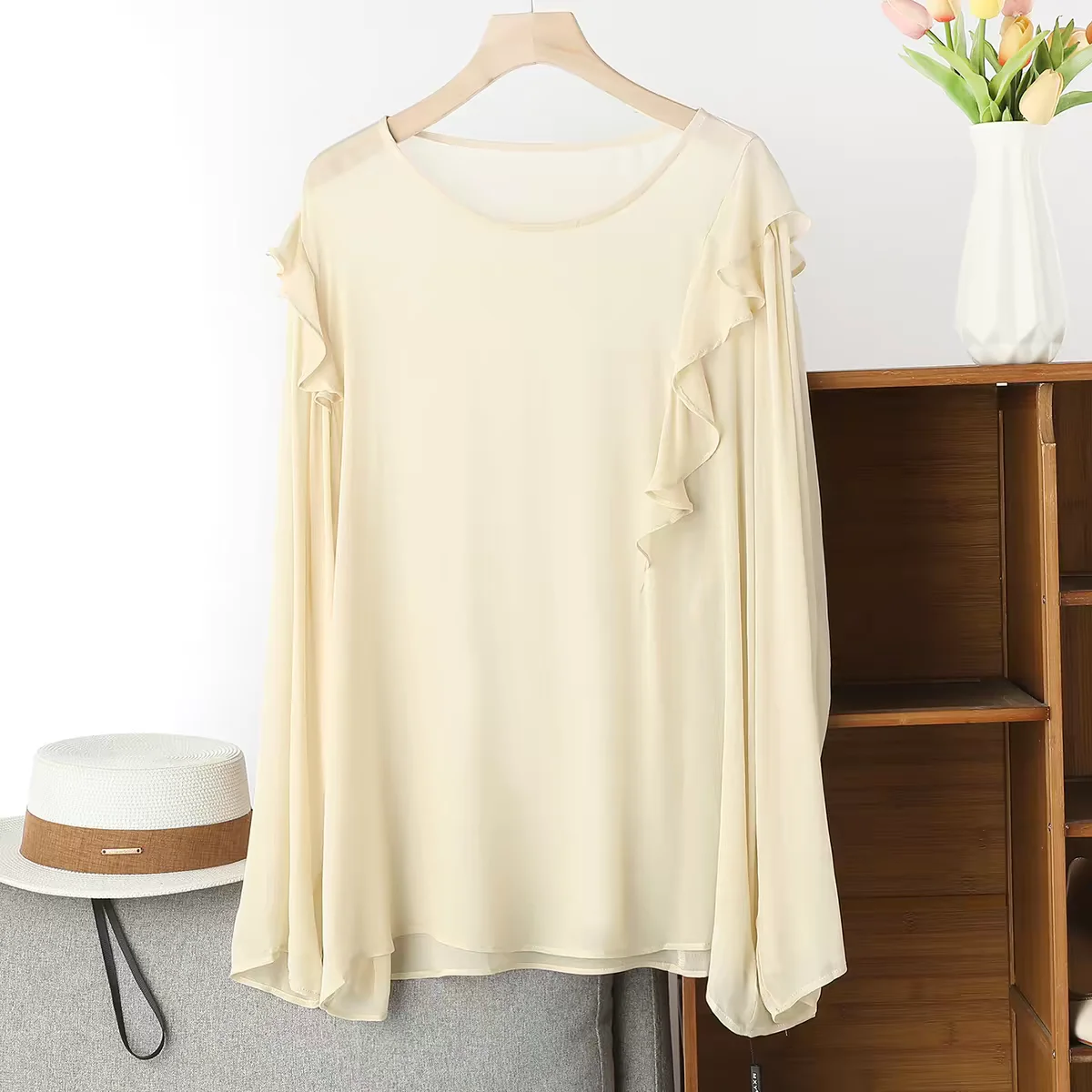 French Elegant Long Sleeve Ruffle Shirt Lightweight Sweet Top for Spring Summer Fashion plus Size Women's Clothing Red rose view 5