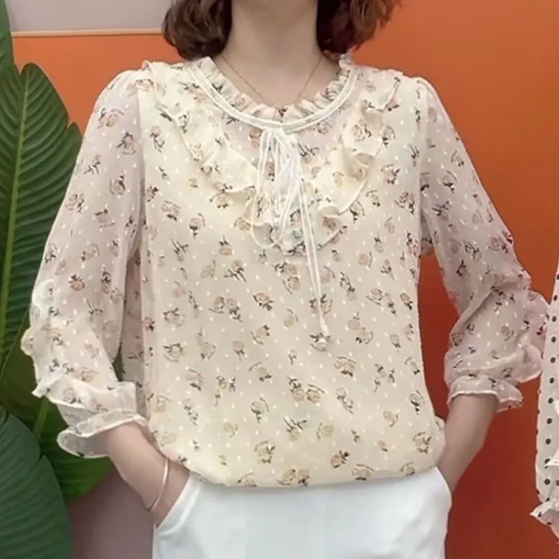 Women\'s 2024 Summer Pullover Round Neck Panel Breathable Ruffle Edge Loose Printing Fashion Chiffon Long Sleeved Shirts Blouses