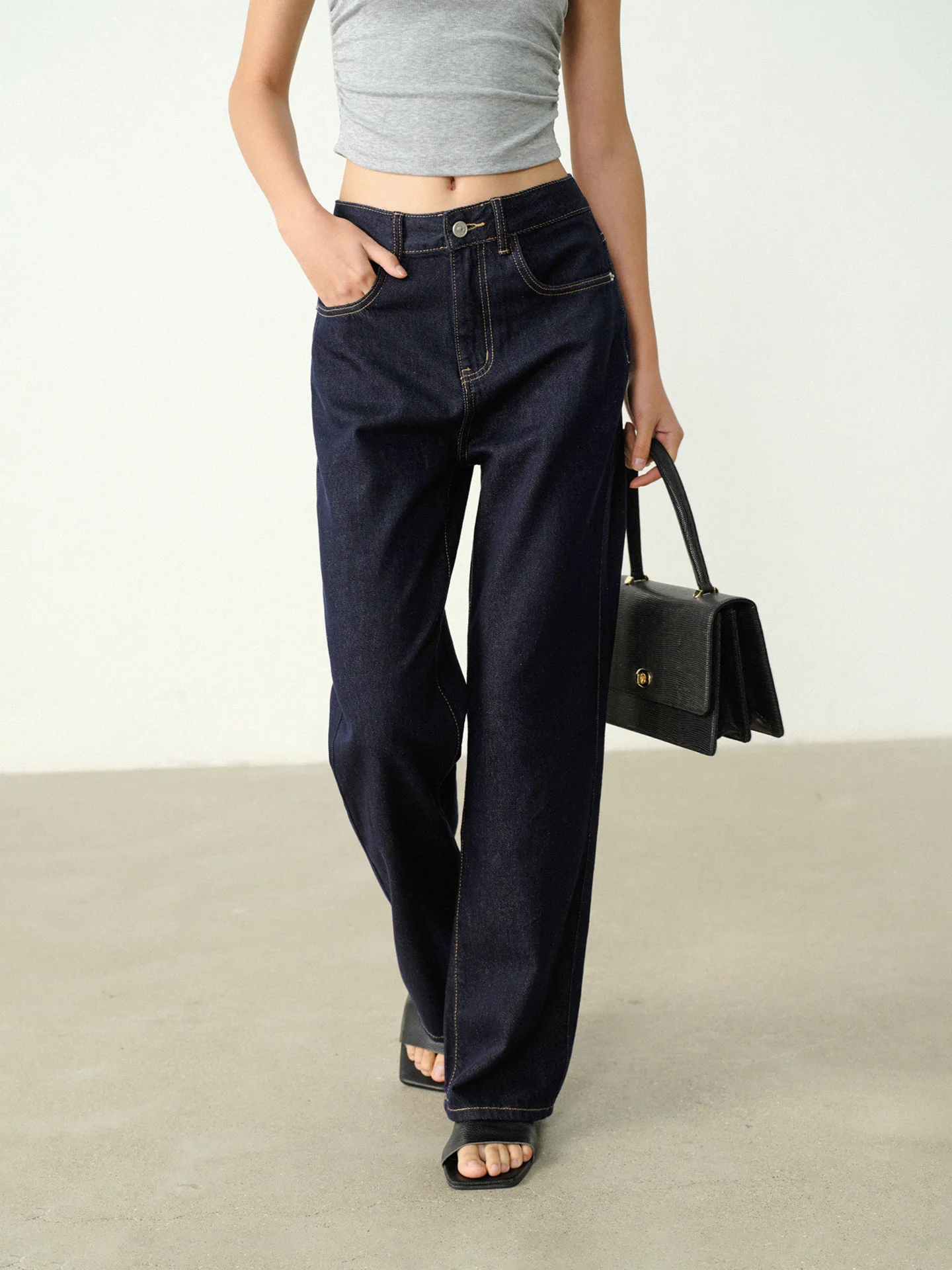 Vintage Loose Straight High Waist Wide Leg Jeans Retro Contrast Stitch Slimming Casual Long Pants for Petite Women Summer Wear - Image 3