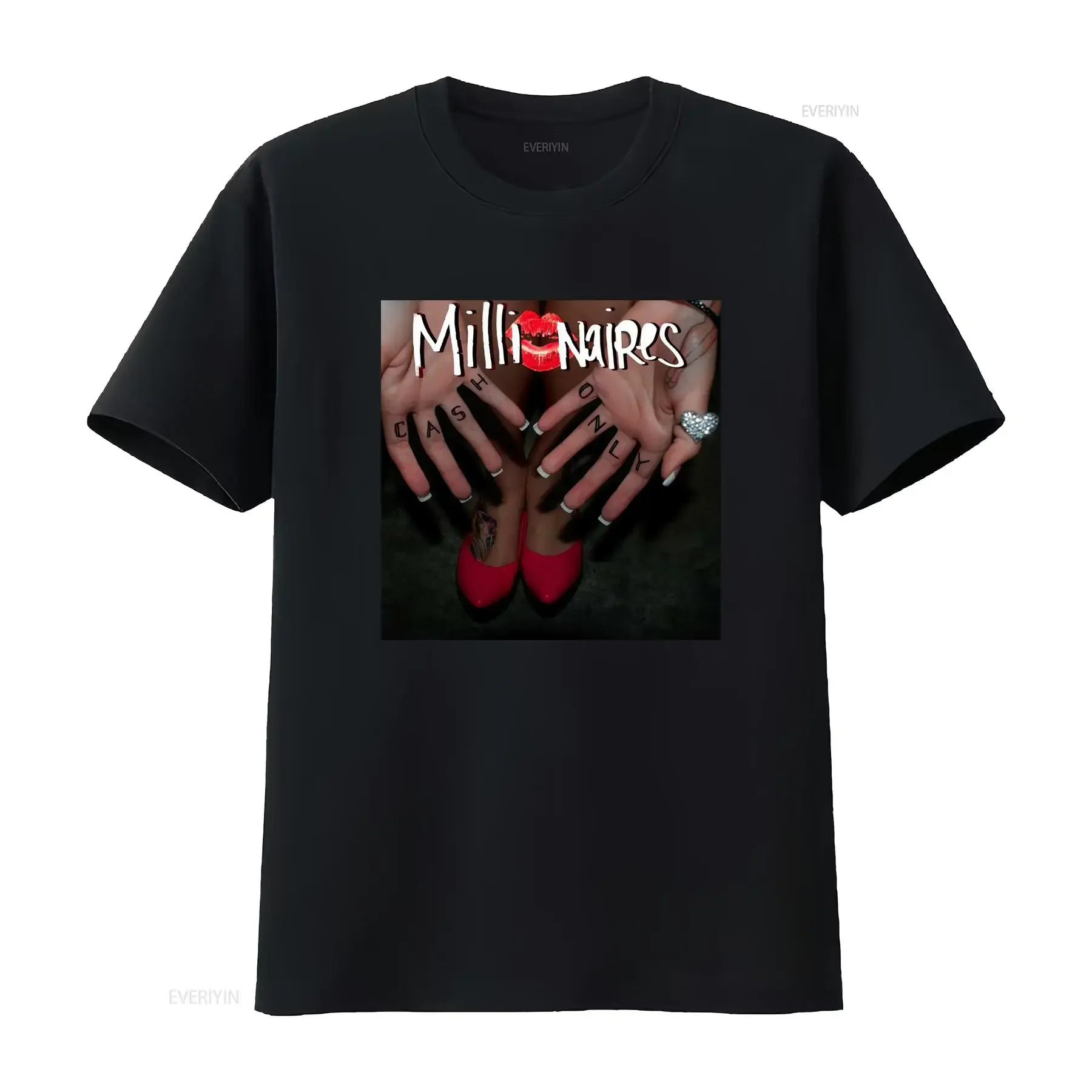 NEW MILLIONAIRES Band Album CASH ONLY Black Ball Design T Shirt for Women with Stylish Lips and Tattoo Print AR178 vintage