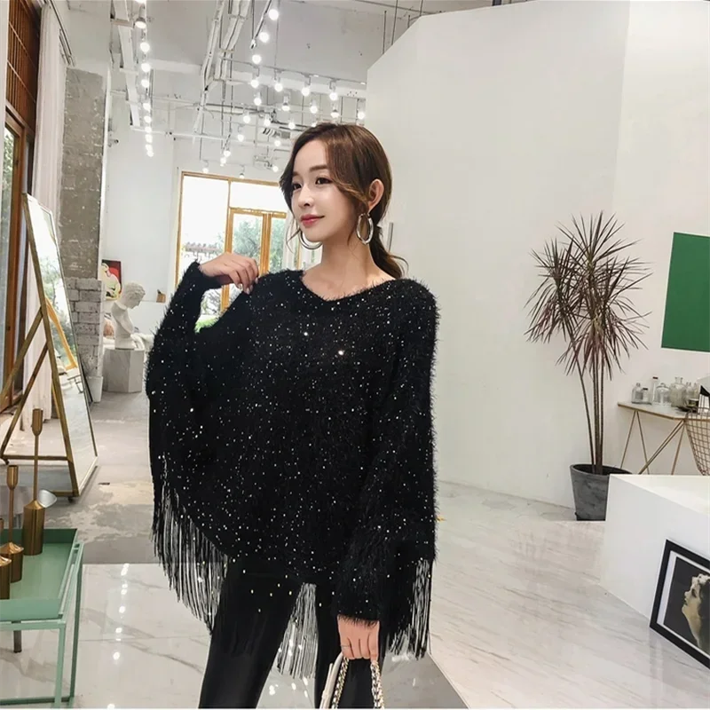 Autumn and Winter Sequined Tassel Loose Cape Shawl Pullover Sweater Thickened Knitted Jacket Bat Shirt Top Ladies