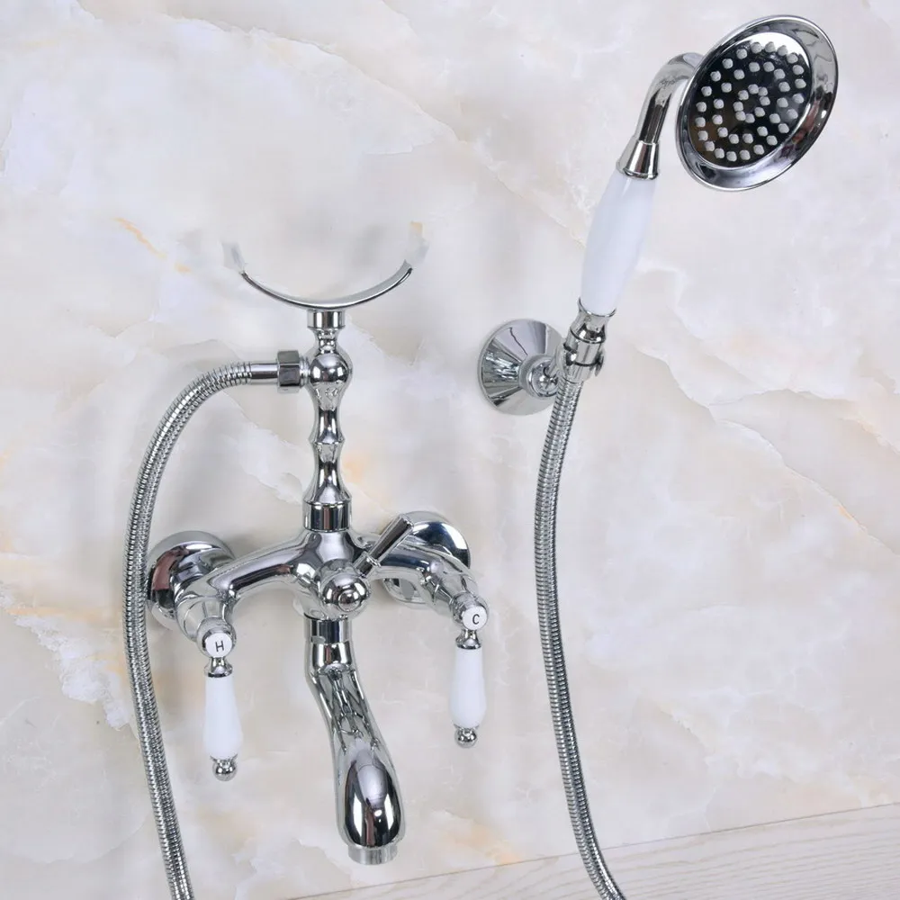 

Polished Chrome Bathtub Faucets Hand Rain Shower Head Tap Luxury Ceramic Telephone Wall Bath Faucet