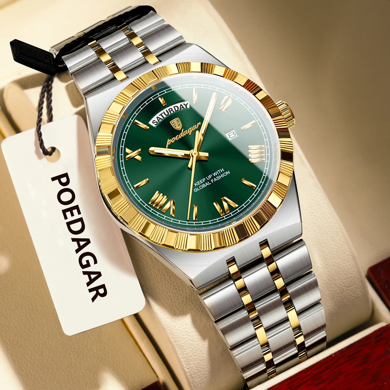 POEDAGAR Luxury Quartz Men Watch Stainless Steel Week Date Man Wristwatch Luminous Waterproof Fashion Casual Men's Watches Reloj