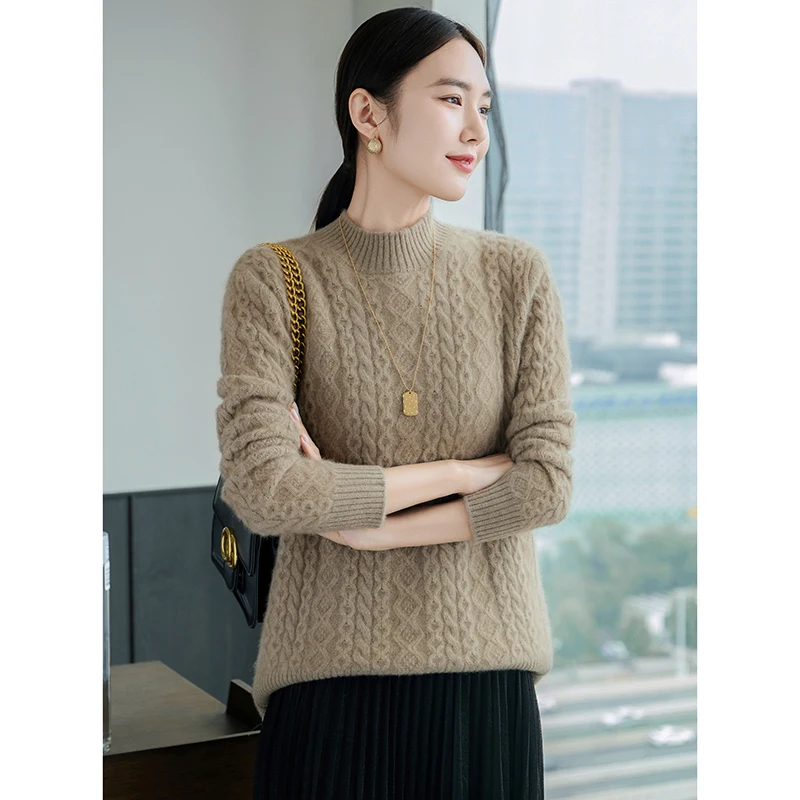 100% Wool Women's Sweater Winter Thickening Round-collar Warm Loose Large Size Heat Pullover 2024 Female