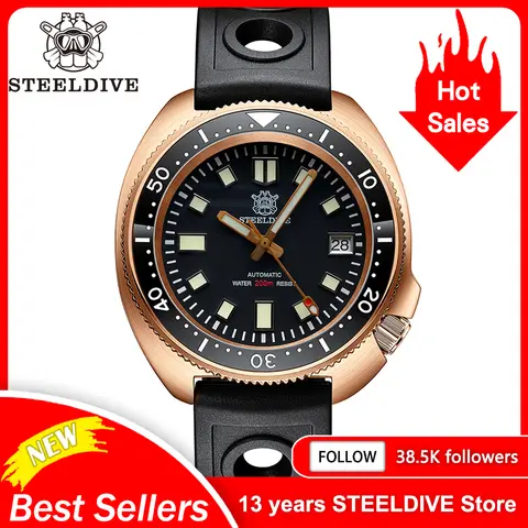 STEELDIVE Men Bronze Dive Watch 200M Water Resistant Ceramic Bronze Bezel Automatic Movement Wristwatch