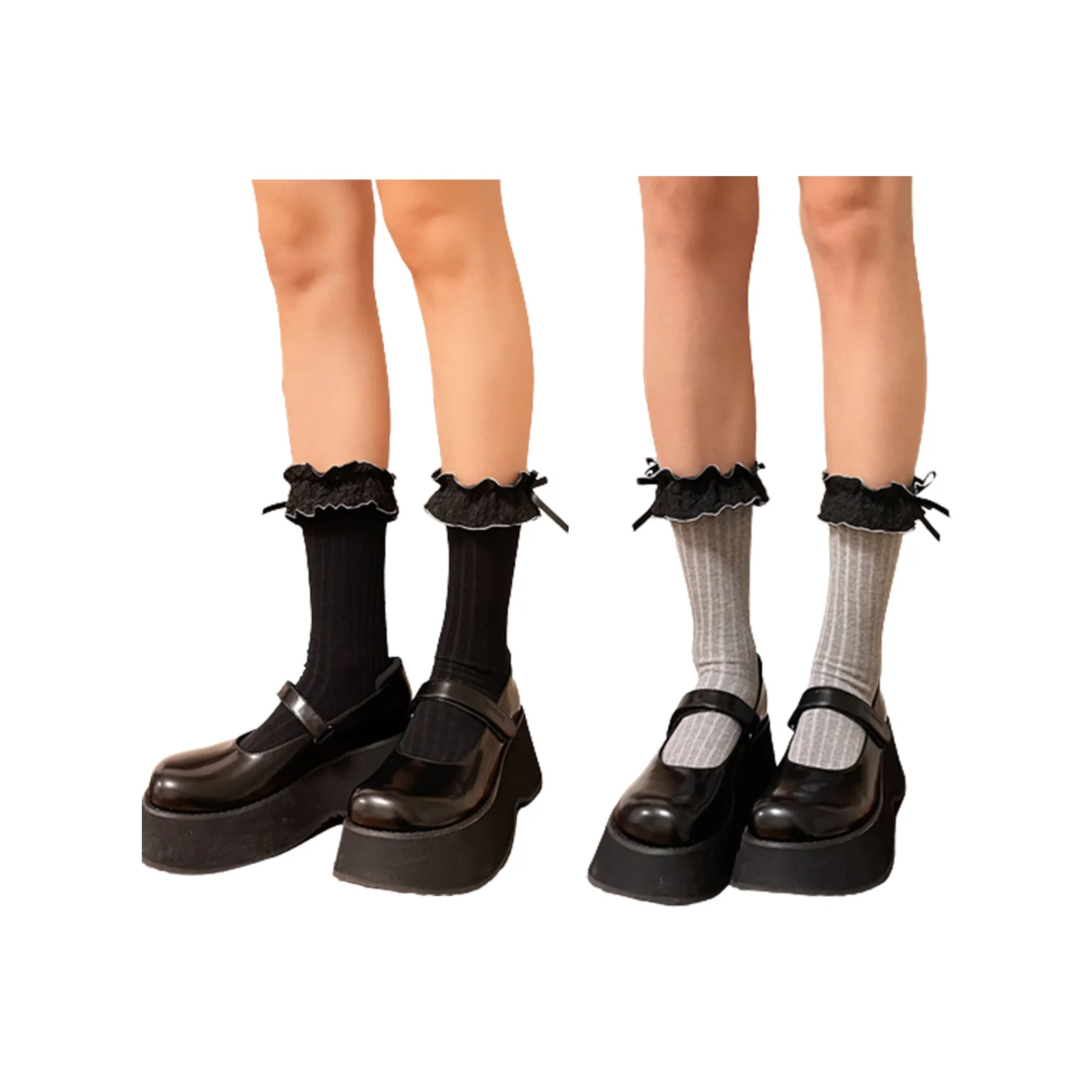 

Комбинированный набор хлопковых носков с кружевными бантиками, по 1 паре черных и серых цветов.