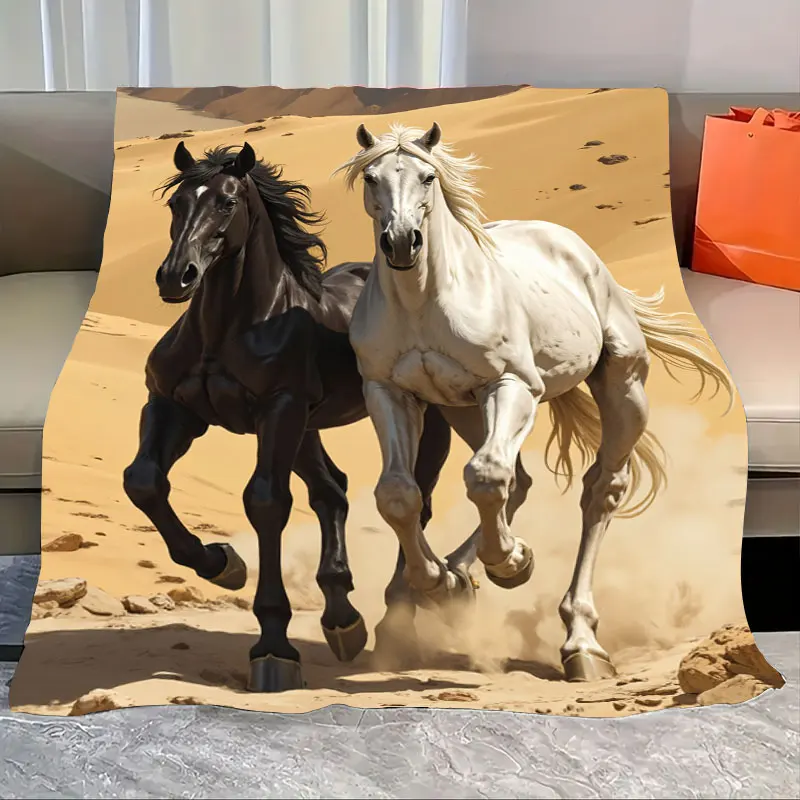 1 manta de franela galop en el desierto: caballos blancos y negros, manta suave para escenario corredizo