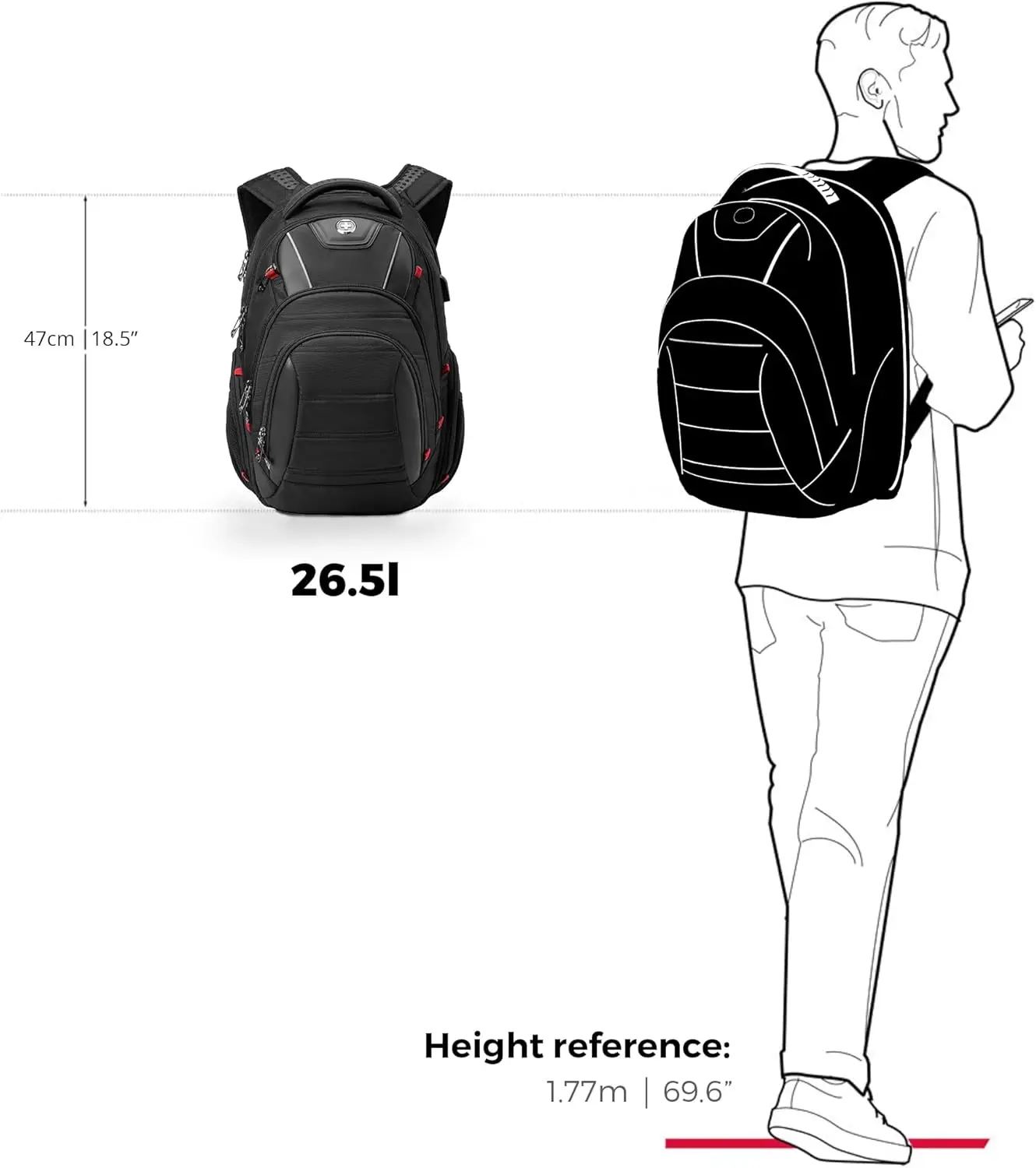 Design Men's Laptop Backpack for College and Business Travel with Integrated USB Charging Port and RFID Protection Fits Laptops