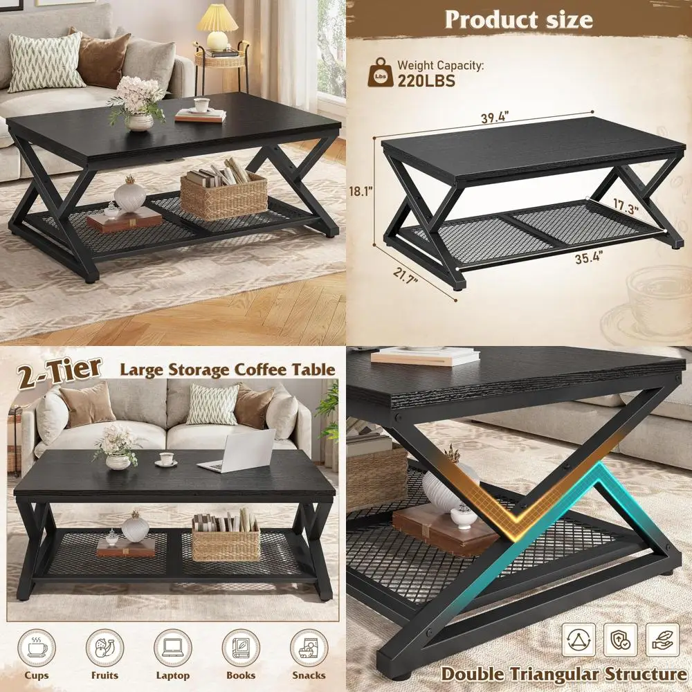 

Modern Rectangular Coffee Table with Mesh Shelf Storage for Living Room, 2 Tier Center Table Ideal for Contemporary Home Decor