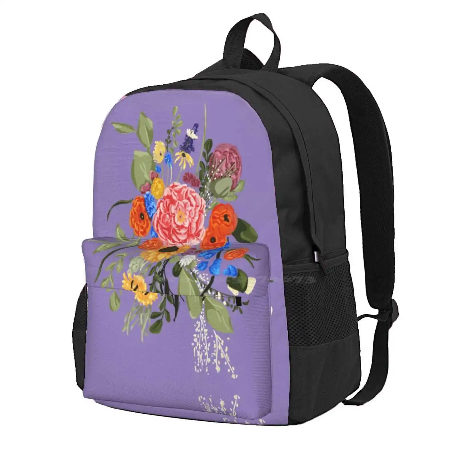 Wildflower Bouquet Hot Sale Schoolbag Backpack Fashion Bags Pink Yellow Orange Blue Green Flowers Sunflower Peony Rose Leaves