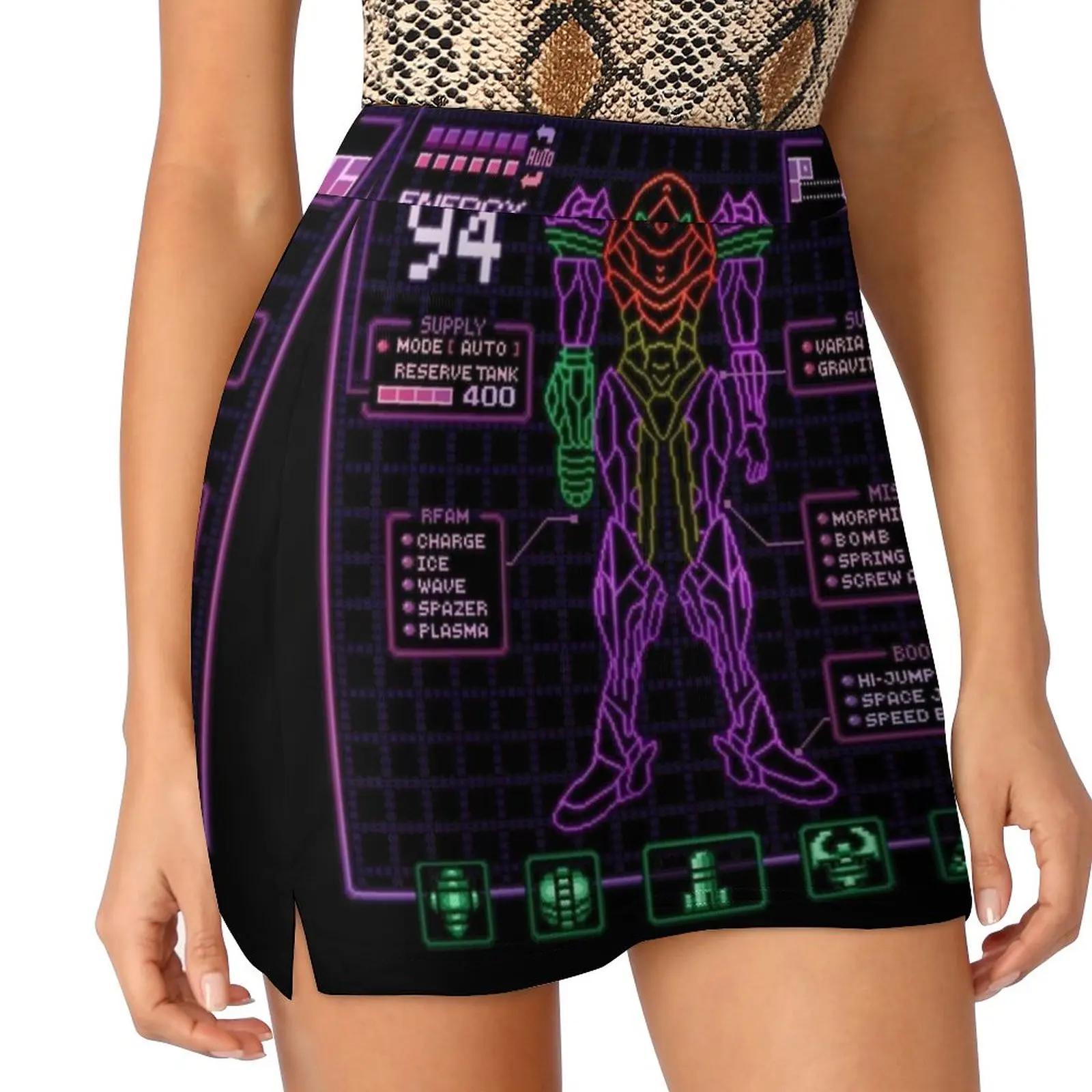 Sammy Stats Women's skirt Mini Skirts A Line Skirt With Hide Pocket Metroid Samus Aran Space Computers Super Vaporwave Retrowave