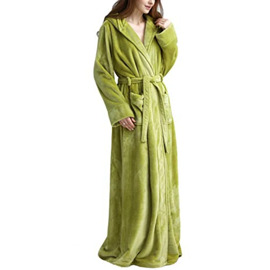 

Женский длинный халат Flygo из пушистого плюша с капюшоном, фланелевый флисовый халат полной длины, теплый домашний халат