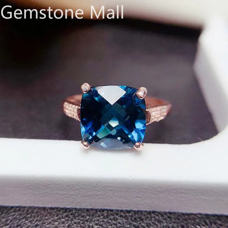 

Luxury Dark Blue Topaz Ring 10mm VVS Grade 5ct Natural Topaz 925 Silver Ring 4th Anniversary Gemstones Ring for Woman