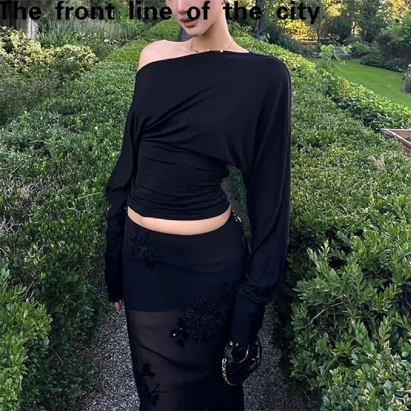 

Sexy Lace Slim Fit Hip Hing Dr Faionable Street Sle Autumn New Arrival Women's T-irt Pure Color Waist-Cinching Design