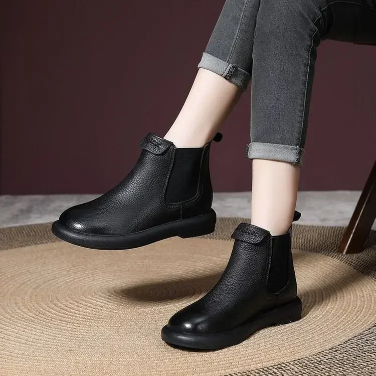 Retro Genuine Cow Leather Chelsea Boots for Women Shoes Elastic Band Ankle Boot Casual Chic Platform Non-slip Winter Short Boot