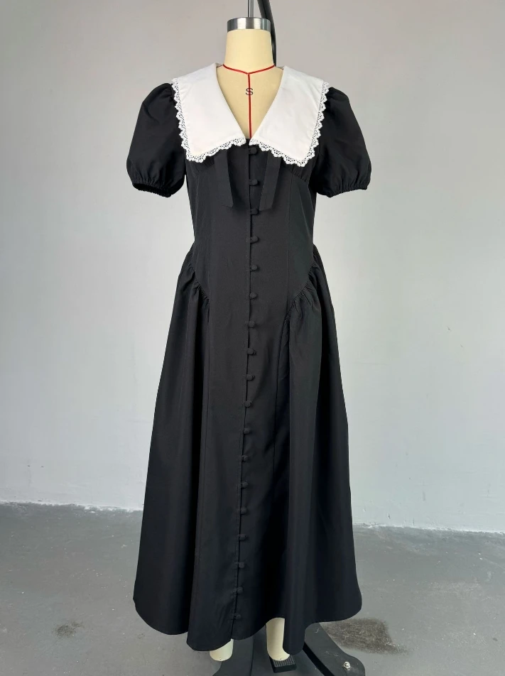 Franse damesjurk temperament woon-werkverkeer revers V-hals kant bubble korte mouwen slim fit hoge taille button-up shirt lange jurk