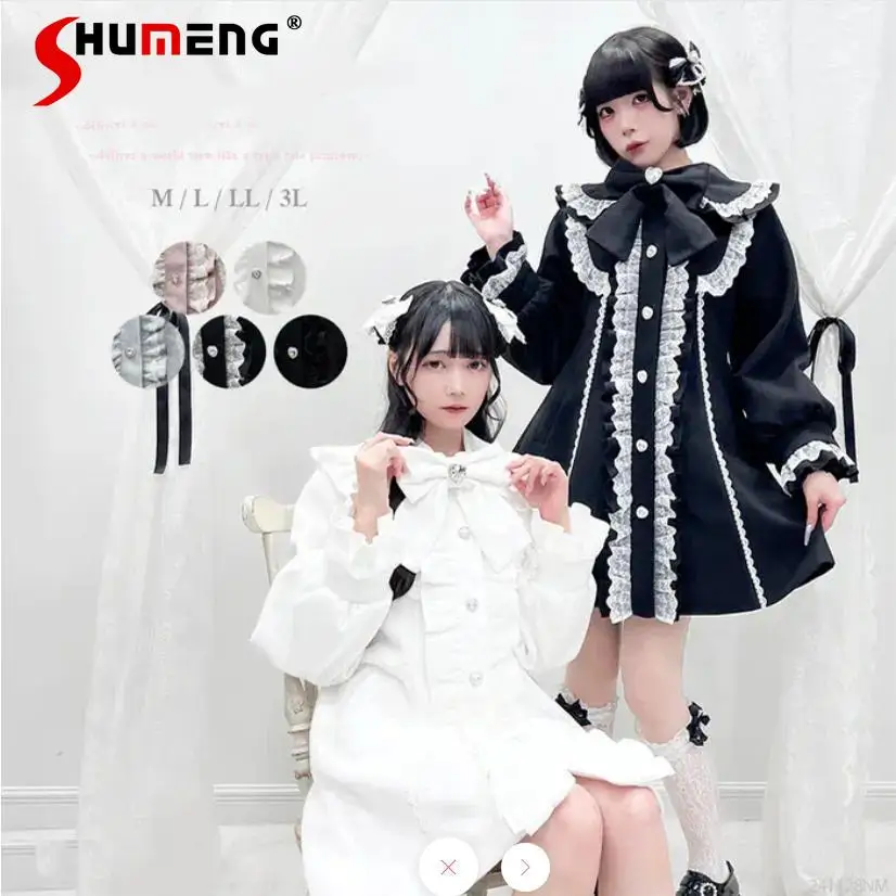 Japanese Sweet Cute Woolen Coats Heavy Industry Bow Lace Splicing Single-breasted A-line Kawaii Lolita Long Jackets Women Winter