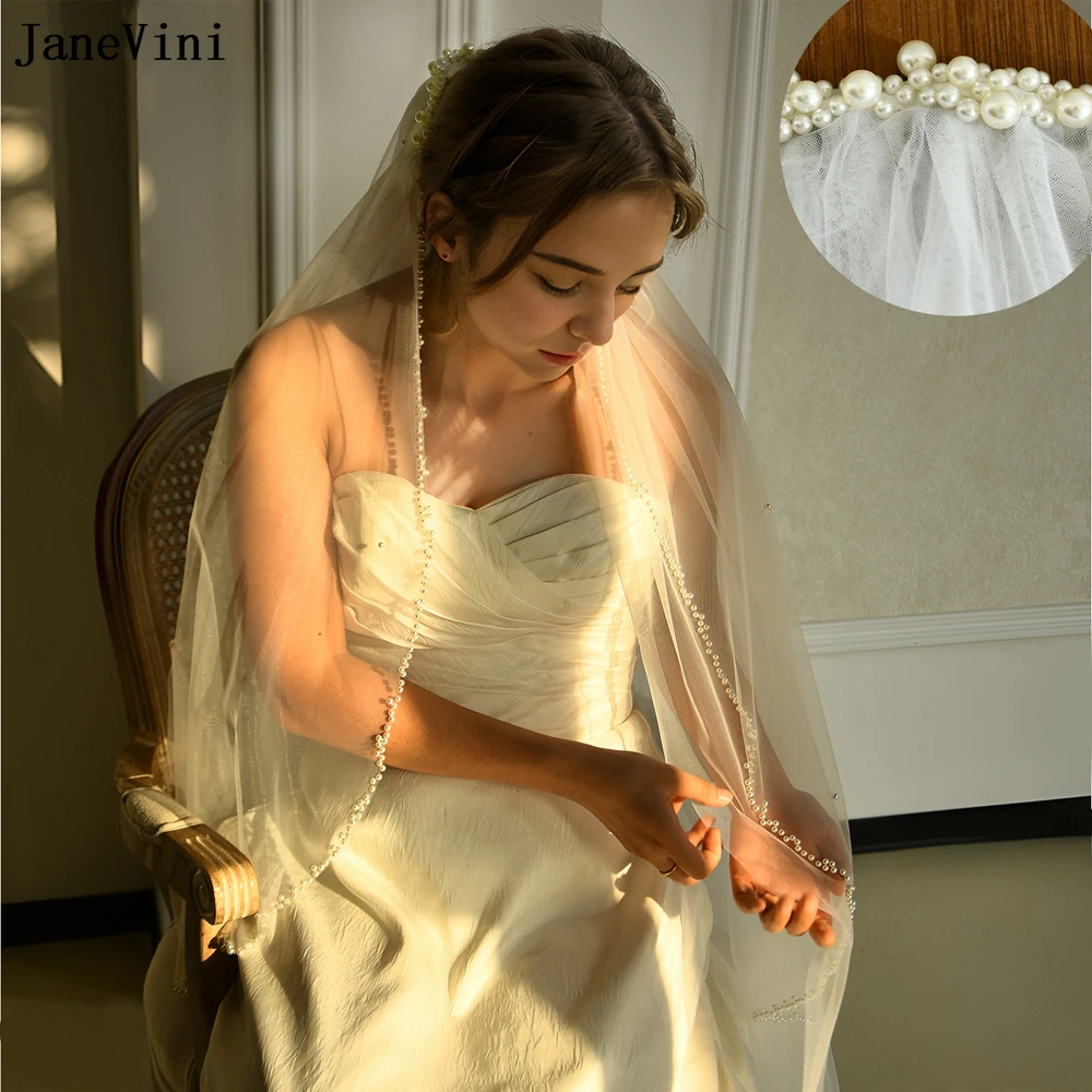 JaneVini New Ivory Romantic Long Bridal Veils with Metal Comb Two Layers Tulle Veil Beaded Edge Women Wedding Hair Accessories