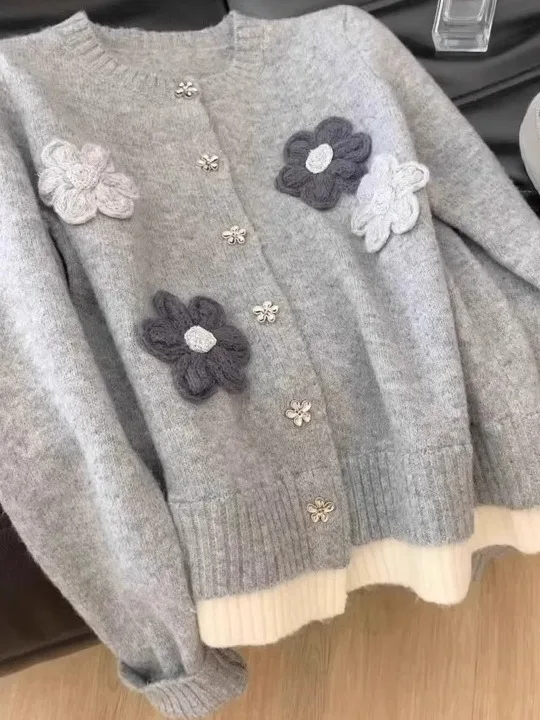 

Autumn Winter Soft Loose Casual Sli Large Size Flower Embroidery Sweater Jaet Women's Outerwear Comfortable Floral Design