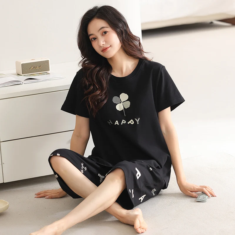 Big Size M-4XL Women Pajamas Set With Chest Pad Summer 100% Cotton Pyjamas Female Short Sleeve Floral Sleepwear image 4