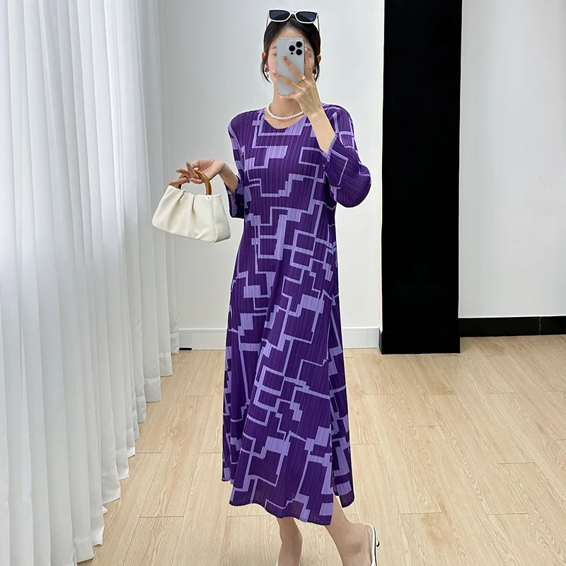 Miyake Dress Women's 2024 Autumn New Versatile Creative Print High End Pleated Temperament Commuter Midlength Dress