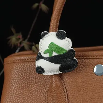 

Bamboo Panda Bag Charm Handmade Sewing Genuine Leather Bag Buckle Cute Simple Gift Handmade Keychain Pendant