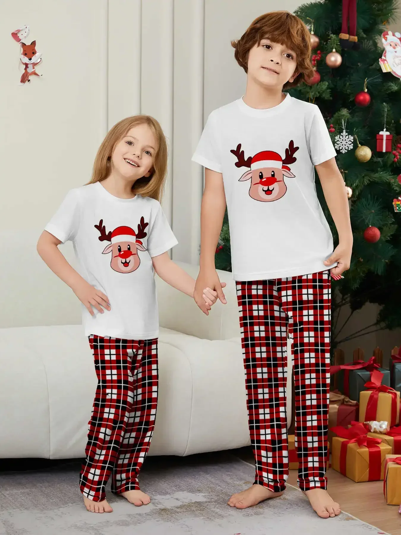 Cute Elk Print Family Christmas Pajamas Set Short Sleeve O Neck Top+Long Pants 2 Pieces Suit Casual Soft Sleepwear Xmas Look Pjs