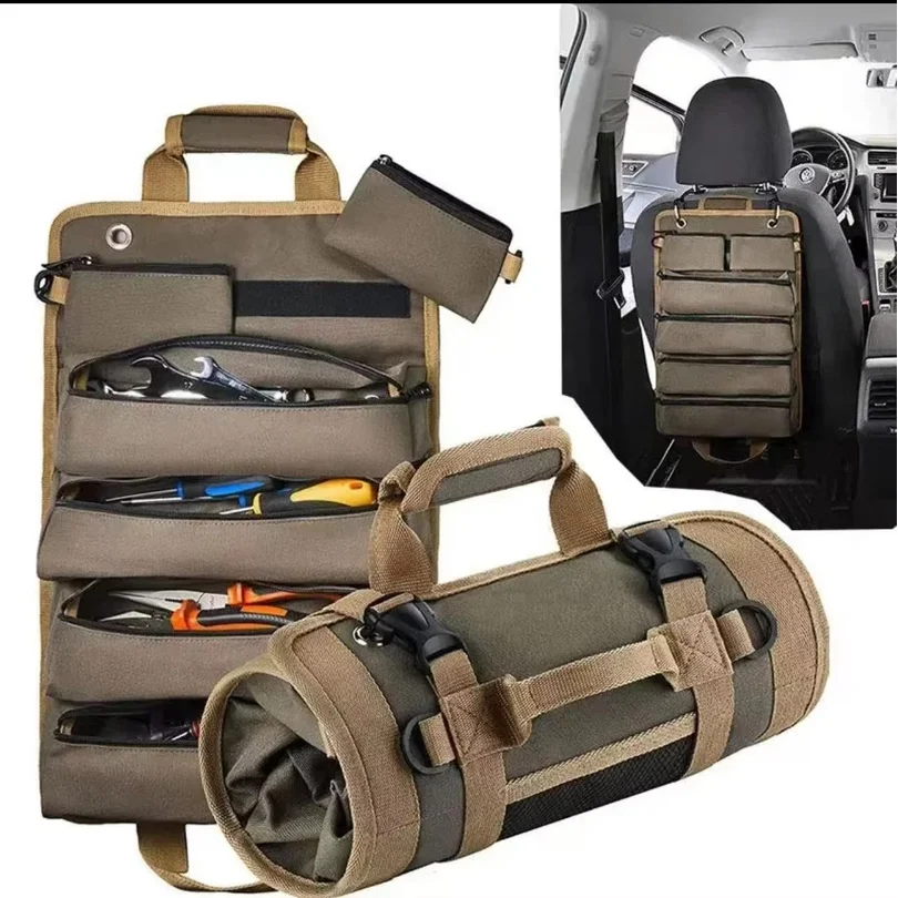 Multi-Function Large Capacity Roll-Up Kit, Canvas Tool Roll Car Storage Bag, Hanging Tool Zipper Carrier Bag Camping Gear