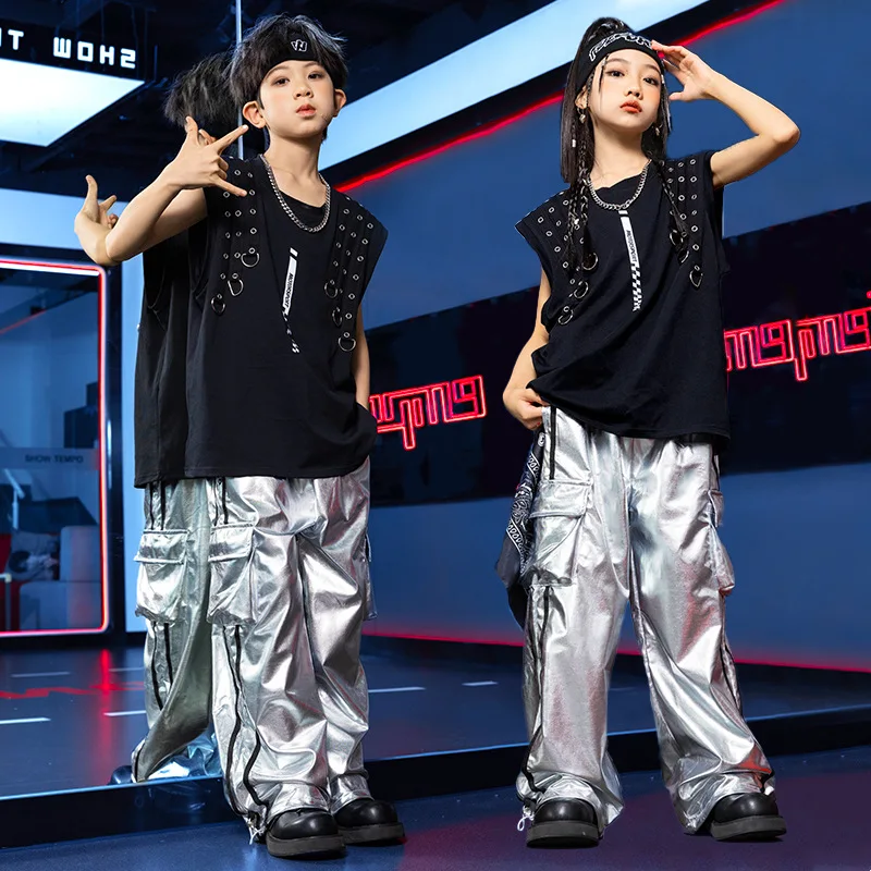 Meninos e meninas trajes de metal rock, ternos de rua infantil, show de hip hop, estilo cool, europeu e americano