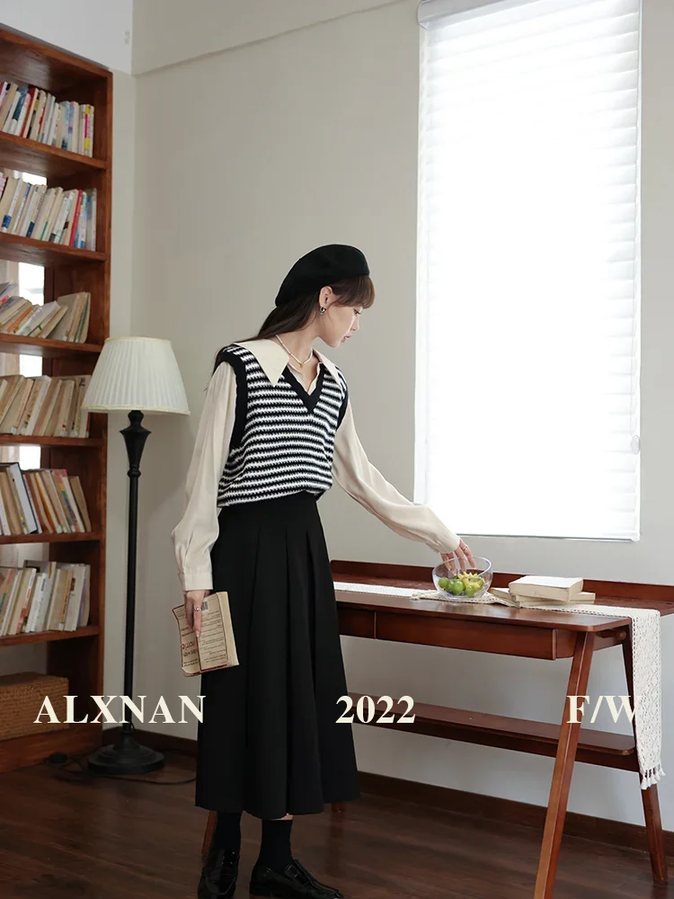 ALXNAN Pleated Skirts for Women 2024 Autumn Solid A-Line Casual Office Lady Vintage Fashion Midi Skirts Sold Separately LXN26856