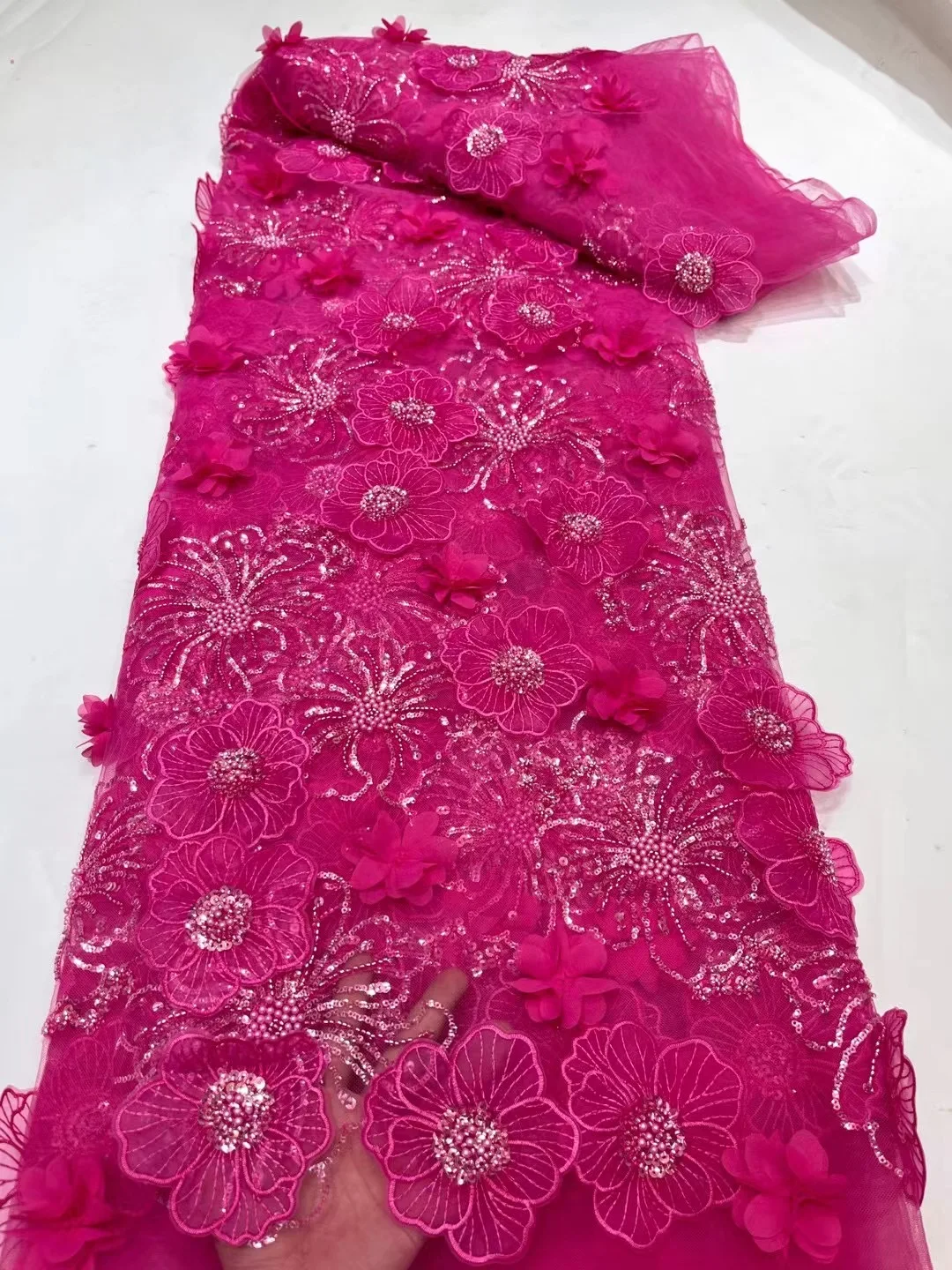 Hot Pink New Arrival Heavy Beaded  Design 3D High Quality  African Sequins Lace  Material Luxury Sewing Fabric for Women Dress