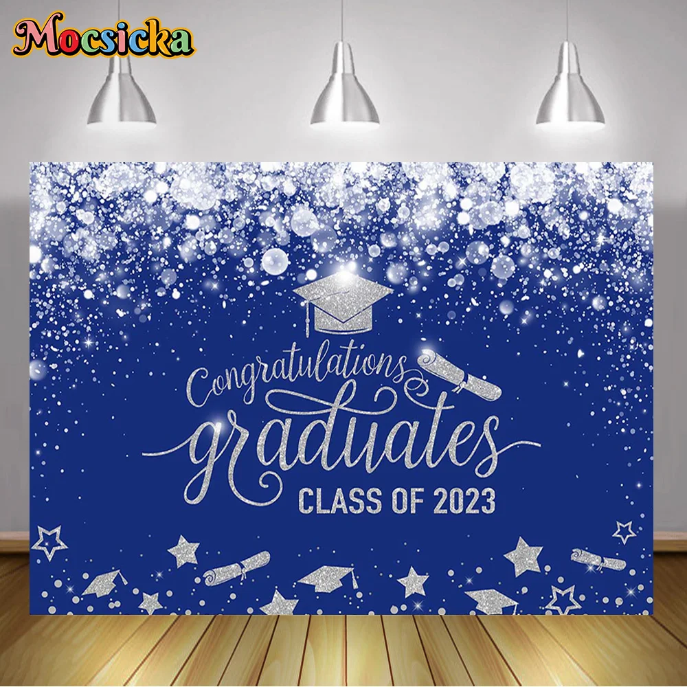 

2023 Graduation Season Photo Backdrops Blue and Silver Glitter Decoration For Graduation Party Props Banners Photo Studio