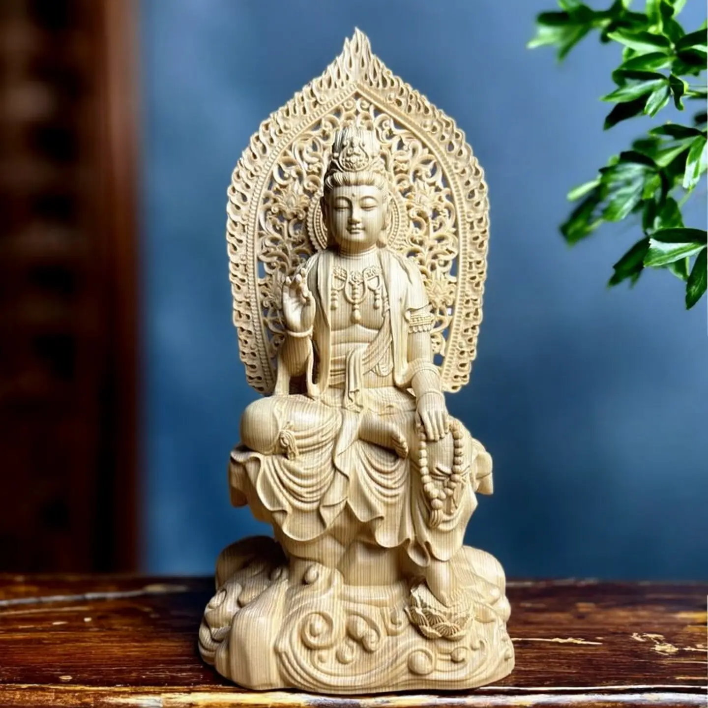 Cypress Seated Guanyin Small Figurine Solid Wood Carved Bodhisattva Altar Statue for Bookshelf Decor and Meaningful Gift Giving