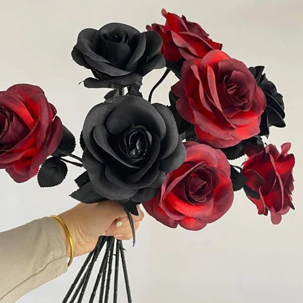 

5Pcs Artificial Silk Black Rose Flower Fake Flower Halloween Gothic Dark Flowers for Wedding Home Party Decor Simulation Flowers