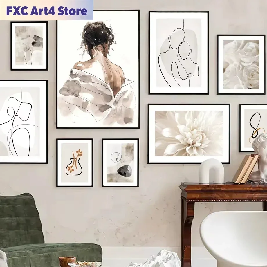 Rahmenlose skandinavische minimalistische Wandkunst, abstrakte Linien, Paar, Frau, HD-Leinwand, Poster, Drucke, für Zuhause, Schlafzimmer, Wohnzimmer, Dekoration
