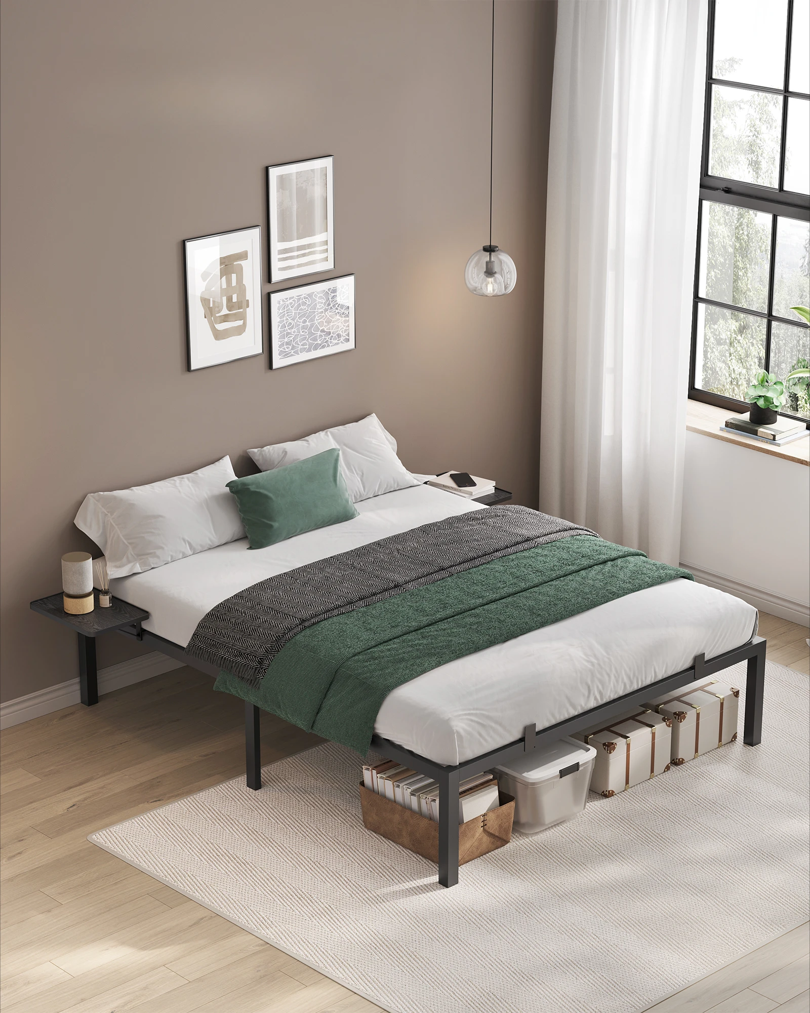 Modern Apartment industrial Metal Platform Bed Frame With Storage shelf