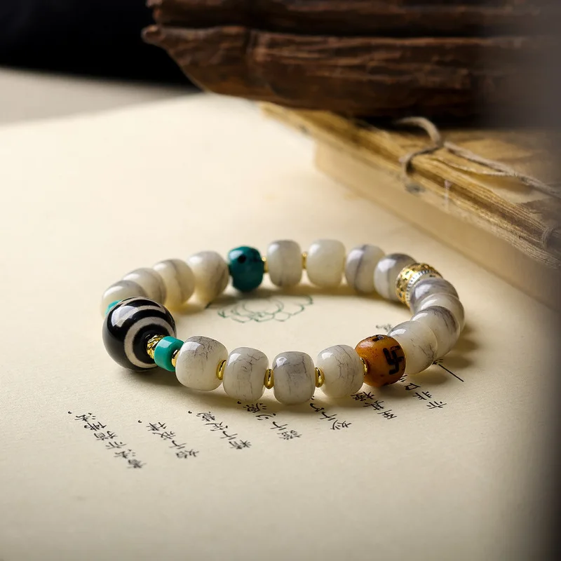 Original Tibetan jewelry cracked bone barrel bracelet, cultural artifact with God of Wealth Dzi beads, ethnic style b